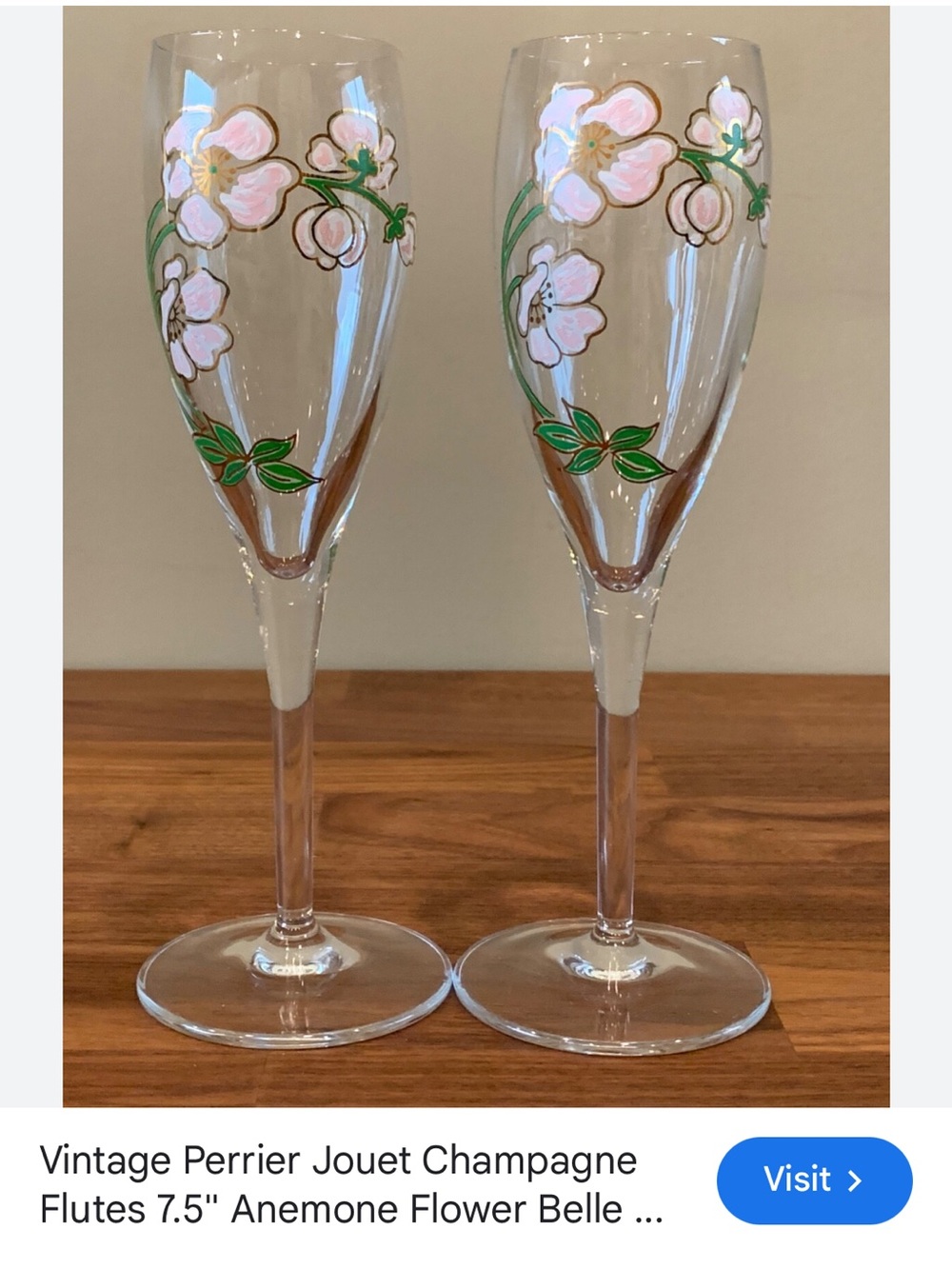 Vintage Perrier-Jouet Belle Hand-Painted Floral Champagne Flutes - Set of 2